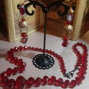 c1950-60 Lew Segal Red Crystal Drop Dangle Clip Earrings & Red Crystal Necklace